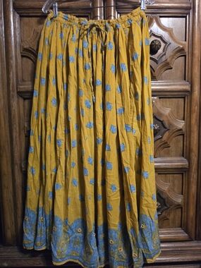 Mustard Floral-Print Maxi Skirt with Blue Border